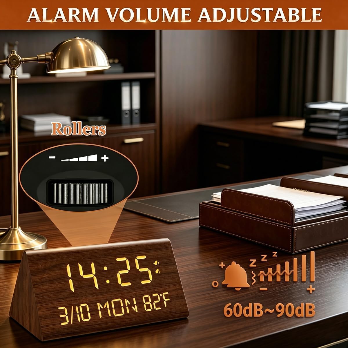 Kogonee Wooden Digital Alarm Clock, 0-100% Dimmer, 2 Alarm Settings, Weekday/Everyday Mode, 9 Mins Snooze, 12/24H, Temperature and Date Display for Office, Travel, Bedroom Alarm Clock (Brown)