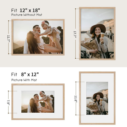puthiac 12x18 Solid Oak Wood Picture Frame, Fits 8x12 with Mat or 12x18 Without Mat, Wall Display Only, Vertical or Horizontal, Plexi Front, 1 Pack, Natural Oak
