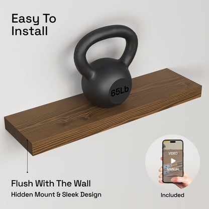 BAOBAB WORKSHOP Wood Floating Shelves, Bathroom Shelf 24 inch, Walnut Floating Shelf for Wall Mounted, Solid Wooden Wall Shelves for Bedroom Kitchen, Walnut Finish, 24 x 6.7, Set of 2