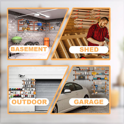 6 Pack Wall-Mounted Lumber Rack, Heavy Duty Wood Storage Racks, 9-Level System Garage Shelving, 1980 LBS Capacity Hanging Organizer Shelves, Orange Brackets Utility Metal Shelf for Indoor and Outdoor