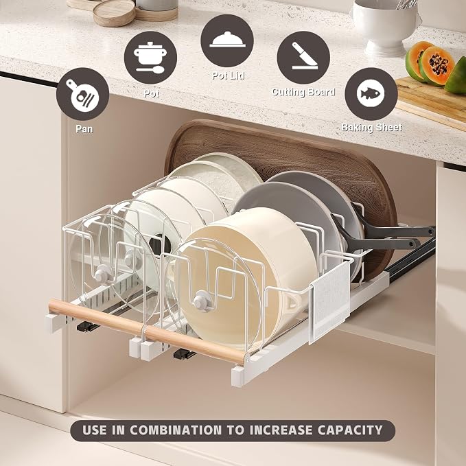 Magheo Pull Out Pots and Pans Organizer Under Cabinet, 22" Deep Expandable Pot Lid Organizer and Storage with 10 Adjustable Dividers Adhesive Pot and Pan Holder Rack with Handle Bracket(1 Pack,White)