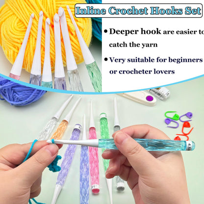 Hobekoee Inline Crochet Hooks Set,8PCS Plastic Crochet Hooks Long Crochet Hook Set with Case,Colorful Non-Slip Crochet Needles for Crocheting Yarn,Size 2.5mm-6mm