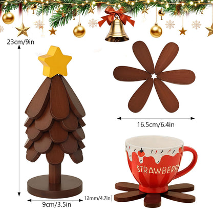 Lwuey Christmas Wooden Tree Trivet Set - 5 Foldable Heat-Resistant Trivets + 1 Stand for Hot Dishes, Pot, Bowl, Teapot, Hot Pot Holders(Walnut)