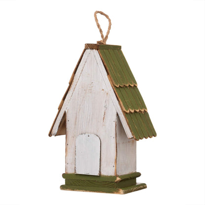 Glitzhome 10.25" L Hanging Birdhouse Green White Roof Wooden Garden Bird House for Outdoor