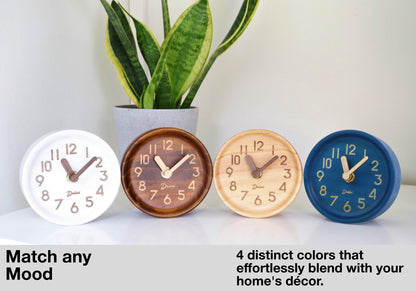 Driini Wooden Analog Desktop Clock – 4.3 in. Decorative Pinewood, No-Tick Design – Easy to Read Silent Sweep Mantle Clock – Quiet Tabletop Clocks with Wood Body, Hands, & Battery Cover; Light