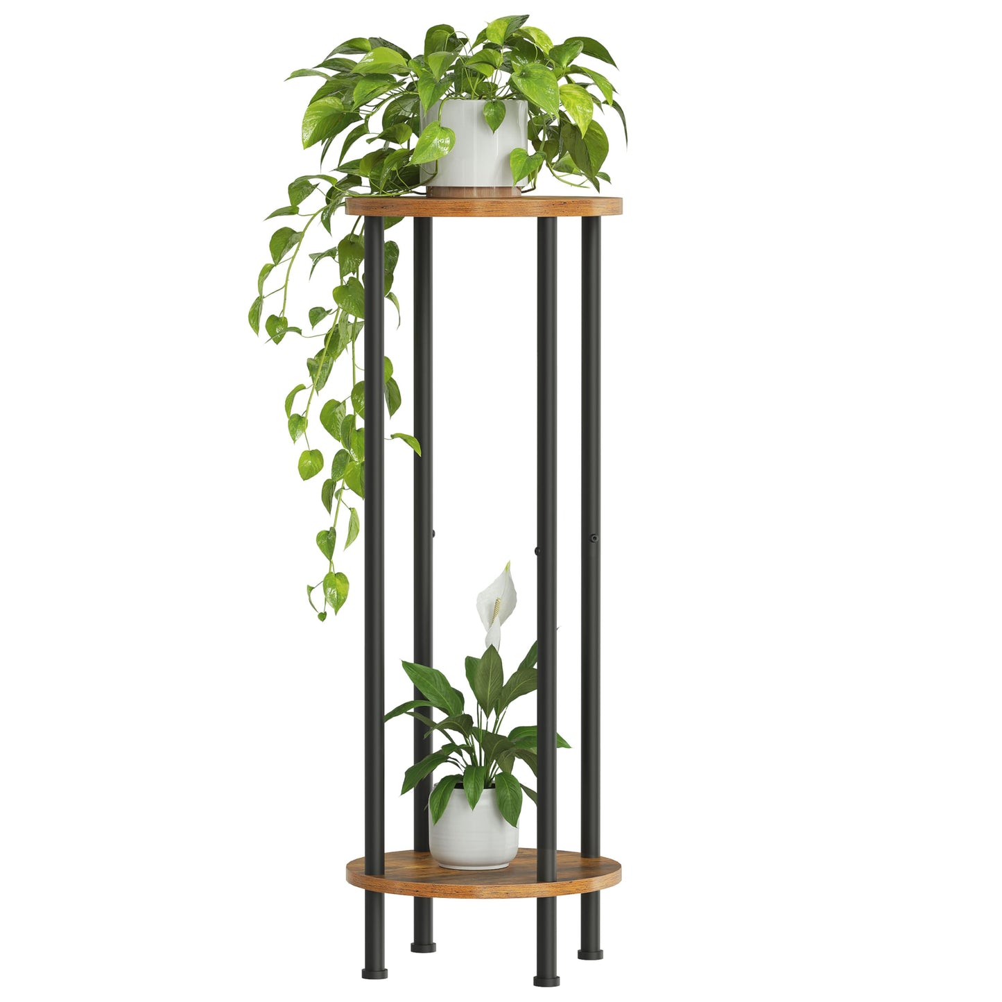 HOOBRO Plant Stand Indoor, 2 Tier 32.8" Tall Small Plant Shelf for Small Space, Round Potted Holder Rack, Modern Flower Stand for Living Room Balcony Garden, Rustic Brown and Black BF15HJ01