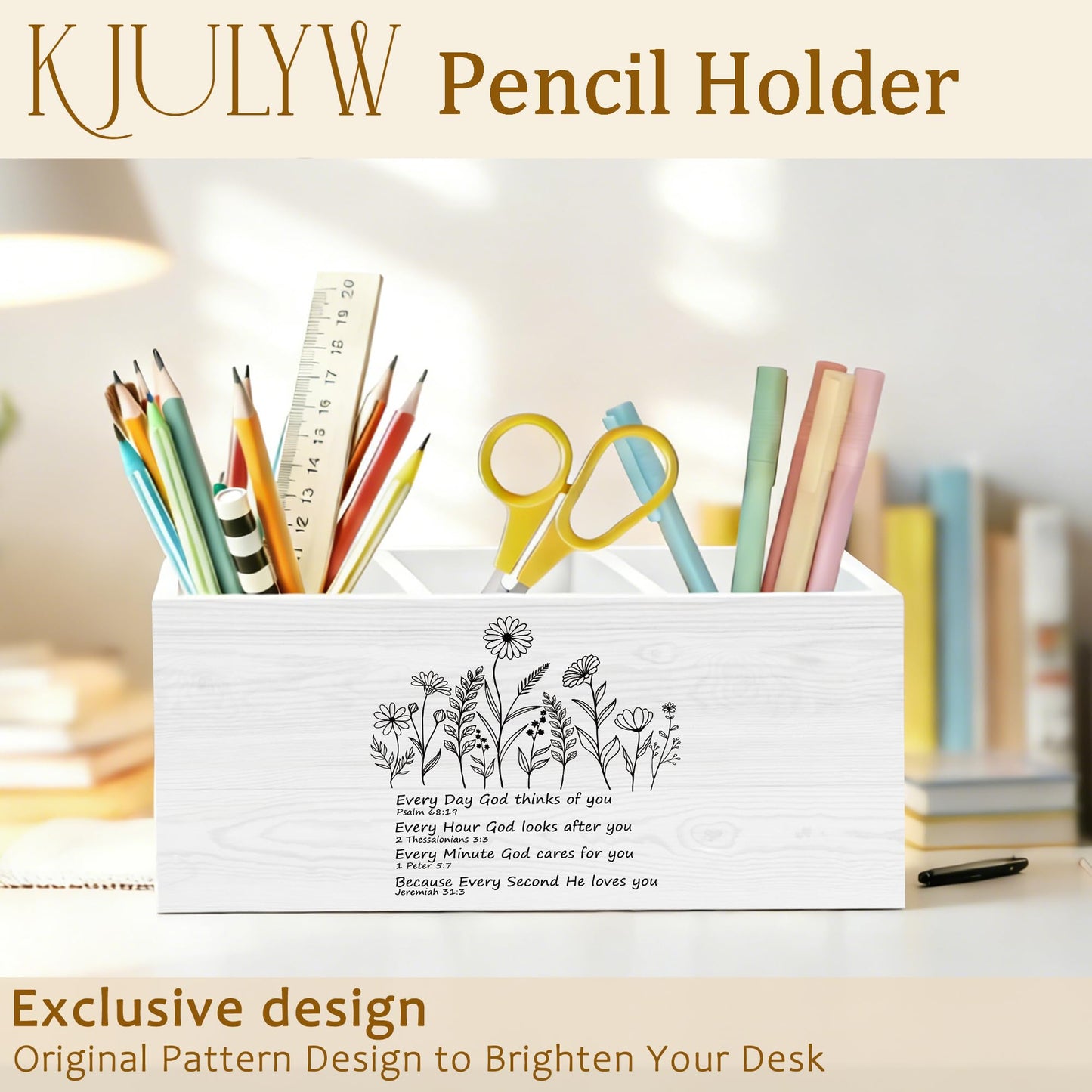 KJULYW Christian Wildflower Pen Holder for Desk, Christian Gifts for Women Faith, Inspirational Bible Verse Wooden Box Pencil Pen Holder Organizer for Home Office Desk Accessories