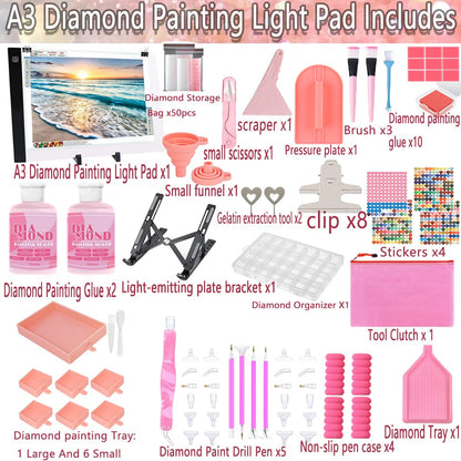 XEUZK All-Inclusive Diamond Art Accessories Kit with A3 DiamondPainting Light Pad Kit, Light Board for Painting Accessories, Bead Organizers & 5D Painting Tools Set for Full Drill & Partial Drill Art