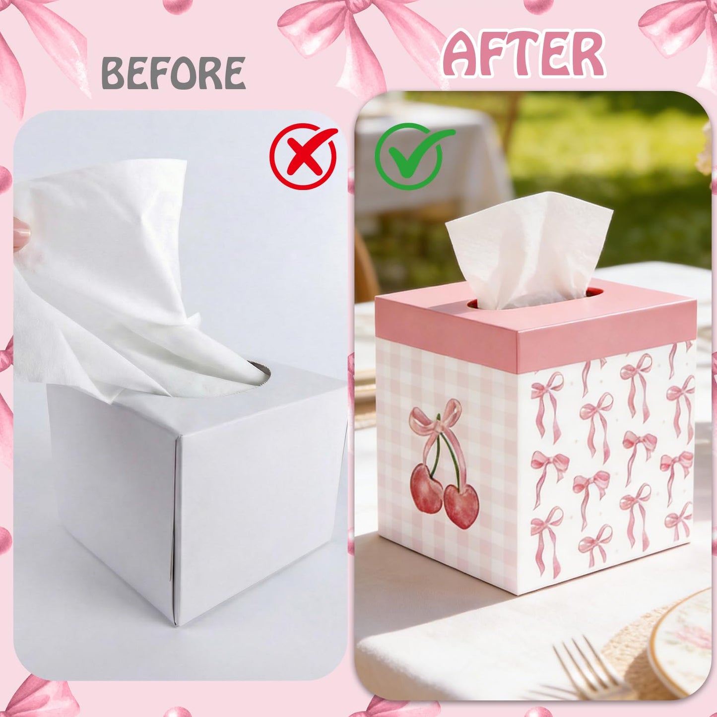 2 Pcs Pink Bow Tissue Box Cover 5.9 x 5.9 x 5.9 Inch Wooden Coquette Bow Decorative Tissue Box Holder Square Paper Towel Holder Cube Boxes Funny Cube Case for Home Pink Party Decorations Supplies