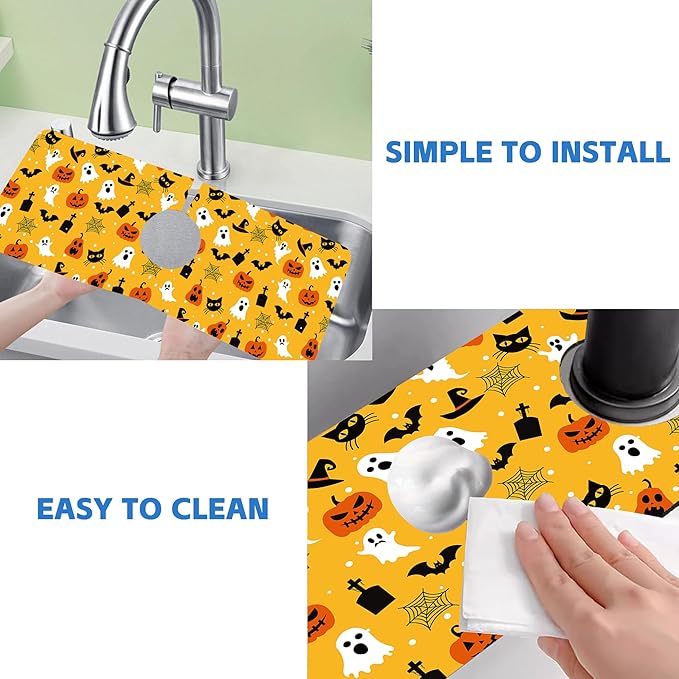 Halloween Pumpkin Bat Ghost Kitchen Sink Splash Guard Mat Absorbent Fast Drying