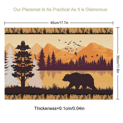 Forest Animal Cabin Placemats Set of 4, 12x18 Inch Country Bear Sunset Rustic Wooden Farmhouse Style Pine Tree Nature Printed Fall Holiday Coffee Table Mats for Party Kitchen Dining Decoration