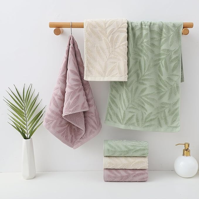 Pidada Hand Towels Set of 4 Leaf Pattern 100% Cotton Absorbent Soft Decorative