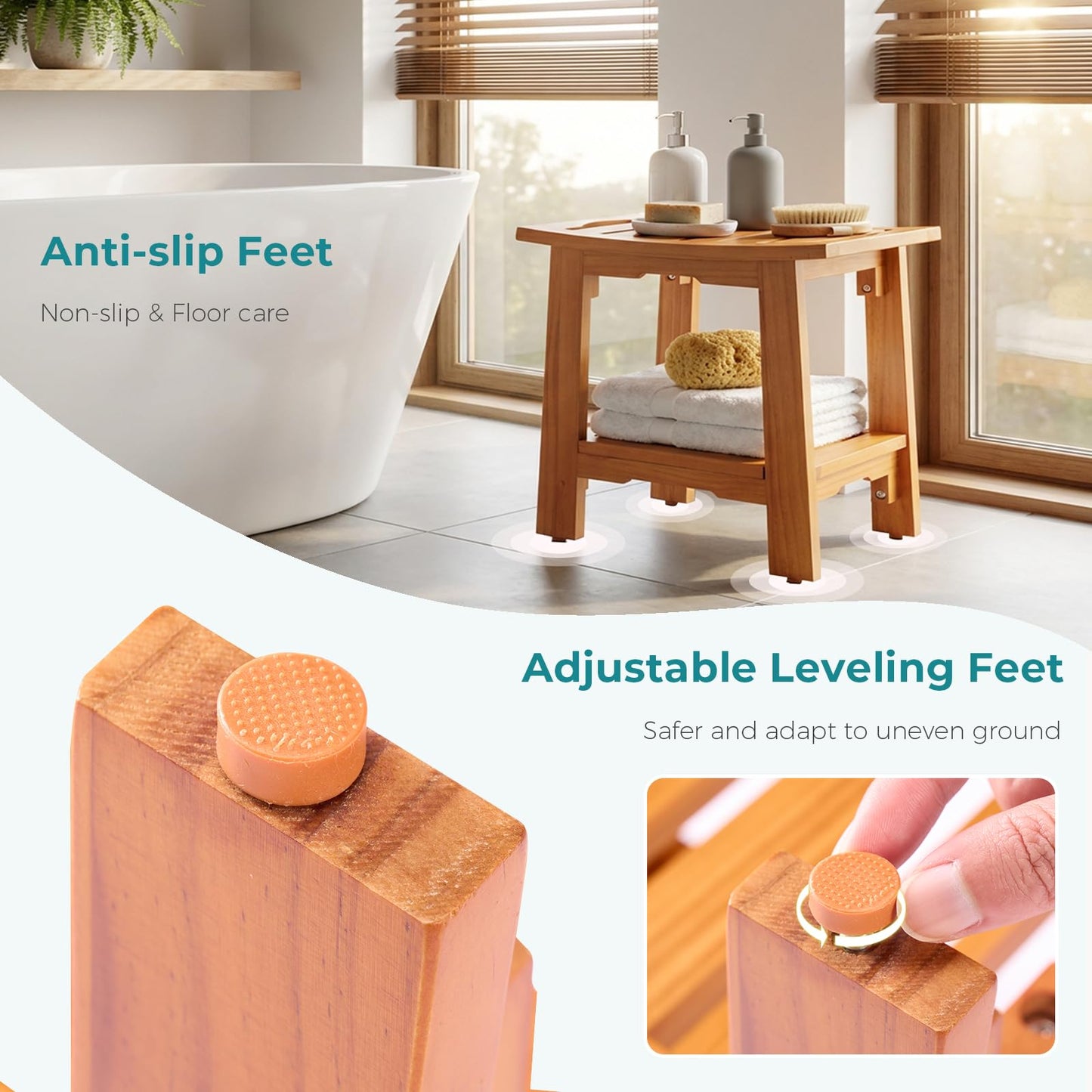 OLIXIS 14" Wooden Shower Bench, Waterproof Shower Stool for Shaving Legs, Bathroom Chair with Storage Shelf & Handles, 300 LBS Capacity Showering Seat for Senior, Adult, Disabled & Elderly