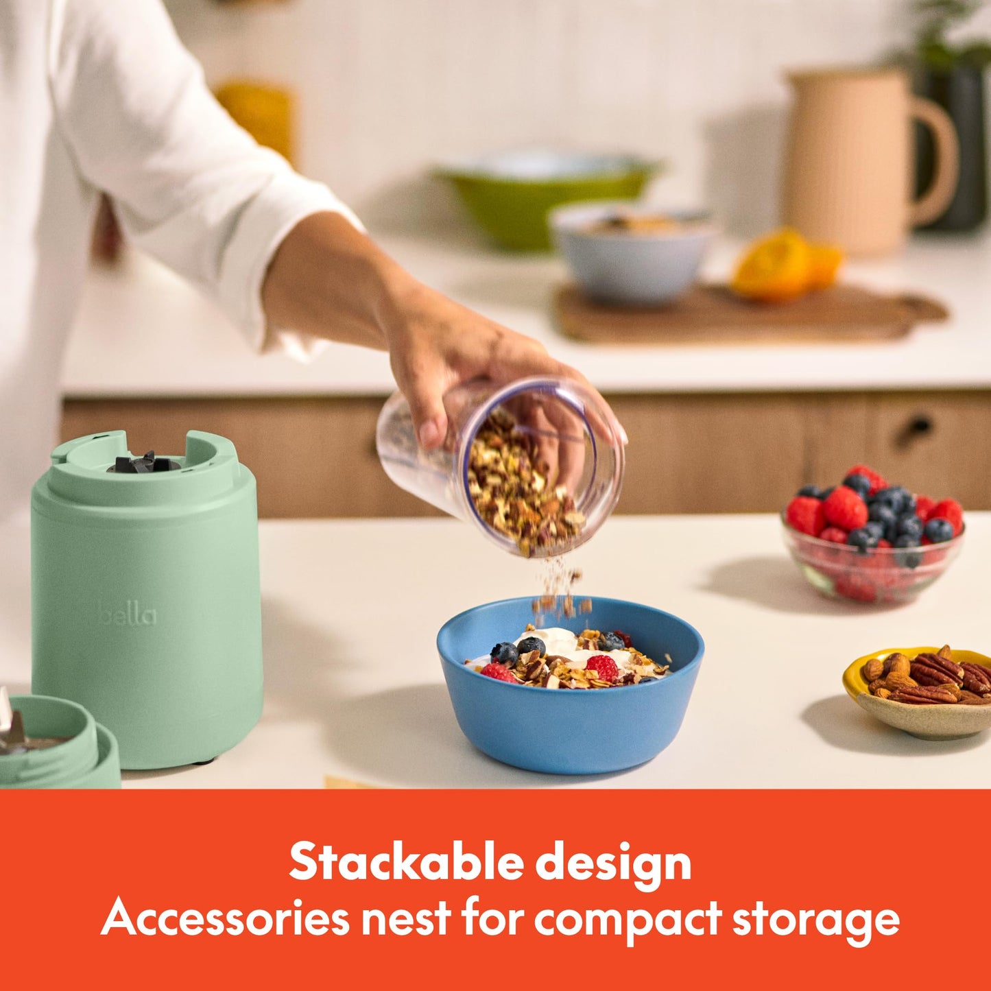bella 6 Pcs Portable Rocket Blender, Juicer & Smoothie Maker, Press & Twist Design, EverGood™ & BPA Free Dishwasher Safe Parts, 4 Tip Stainless Steel Blade, Cord Wrap, 240 Watt Motor, Oatmilk