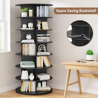 5-Tier Rotating Standing Shelf Unit with Dividers, 360° Storage Display Tower Vertical Floor Organizer, for Bedroom, Closet, Entryway & Office, Ideal for Shoes, Cosmetics & Handbags, Black