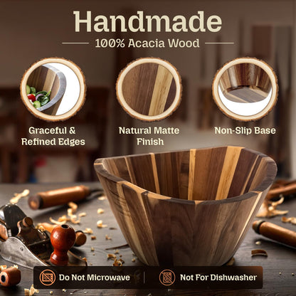 NAZOX Acacia Wood Salad Bowl Set with Serving Hands, 10” Diameter, 6” Height - Handmade, Large Serving Bowl for Salad, Fruit & Pasta - Durable Natural Brown Serveware Gift, Modern Geometric Design