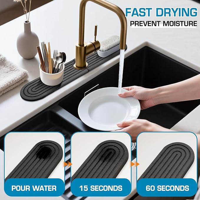 Diatomite Dark Gray-Oval 15.7" Kitchen Faucet Mat Stone Sink Tray – Quick