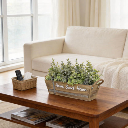 hopeme Artificial Eucalyptus Table Centerpiece in Wooden Box, Faux Greenery Arrangement with “Home Sweet Home” Sign, Jute Rope Handles, Farmhouse Rustic Home Décor
