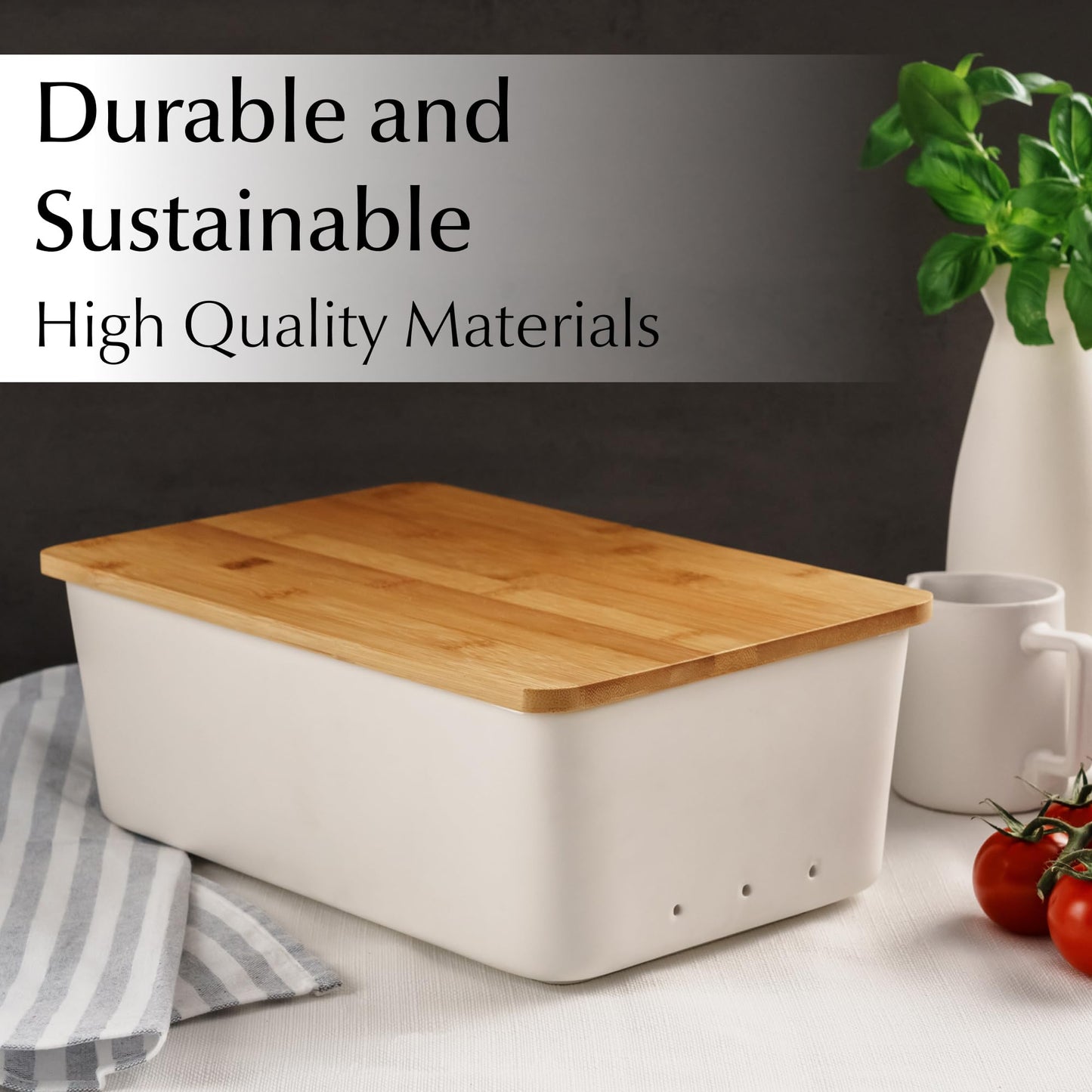 MIAMIO – Bread Box for Kitchen Countertop/Ceramic Bread Box with Cutting Board, Bread Container with Bamboo Lid, 12.6 x 7.9 x 4.5 inches