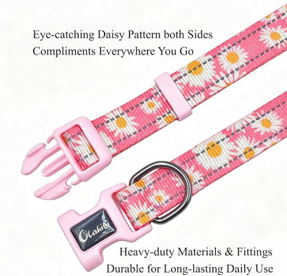 Dog Collar Leash Set, Floral Pattern, with Safety Reflective Strips, 5 ft Matching Leash, Neoprene Padded Handle, Adjustable 4 Sizes for Small Medium Large Dogs.(M, Pink Daisy)
