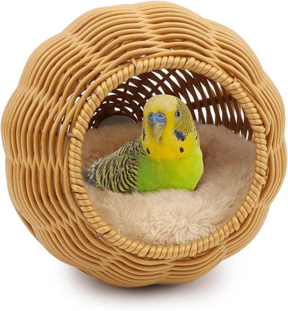 Hypeety Rattan Steel Frame Bird Nest for Cage Chewproof Parakeet Nest House Small Bird Bed Hammock with Removable Soft Plush Cushion for Small Parrots Budgies Canaries Cockatiels Finches Lovebirds