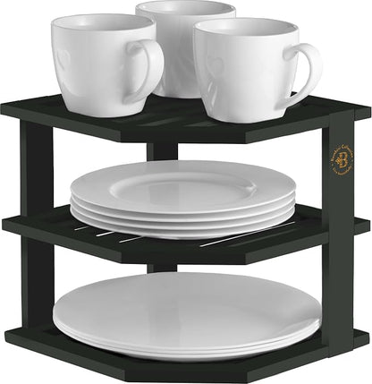 Black Plate Organizer for Cabinet - 3 Tier Bamboo Corner Cabinet Organizer Shelf for Plates Bowls Mugs Cups, Kitchen Cabinet Organizer, Cabinet Shelf Organizer, Countertop Rack, 10 x 10 x 9.5 Inch