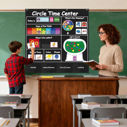 Circle Time Learning Center Pocket Chart, Calendar for Classroom, Educational Pocket Chart Learning Calendar Weather Letter Counting Rhyme Color Shape(Black)