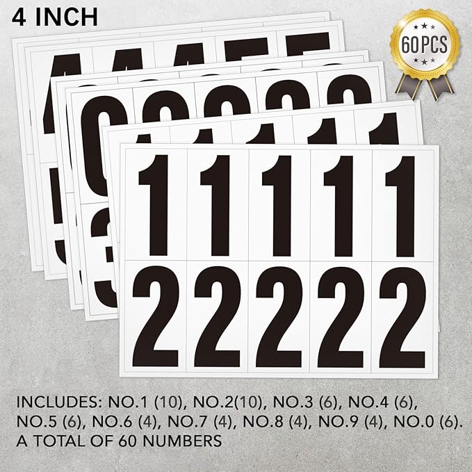 4 inch Self Adhesive Numbers for Mailbox, House Numbers, Reflective Mailbox Number, Trash Cans Number, for Outside, 60 PCS (Black/White)