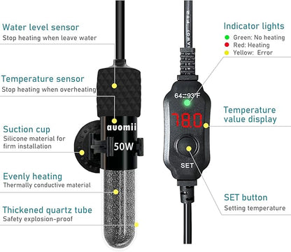 Mini Submersible Aquarium Heater,200 Watts Adjustable Fish Tank Heater, Built-in Thermometer, External Temperature Controller, Smart Memory, Used for 1-60 Gallons (200 Watts)
