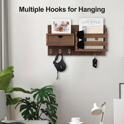 Lwenki Wall Mount Key Holder with Mail Organizer, 100% Paulownia Wood, 7 Metal Hooks, Storage Drawer, Entryway Home Decor (Brown)