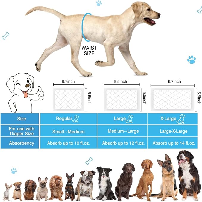 Dog Diaper Liners for Dog Diapers Male and Female 150ct Super Absorption Disposable Booster Pads for Most Reusable Pet Belly Bands, Washable Puppy Diaper Wraps