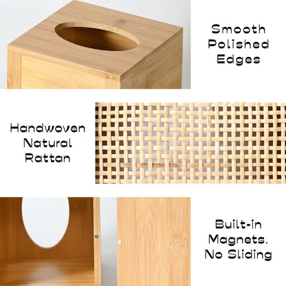 ABBI NIMO Square Bamboo Tissue Box Cover, Natural Rattan Tissue Holder with Magnets for Kitchen, Bathroom, Living Room, Bedroom or Office