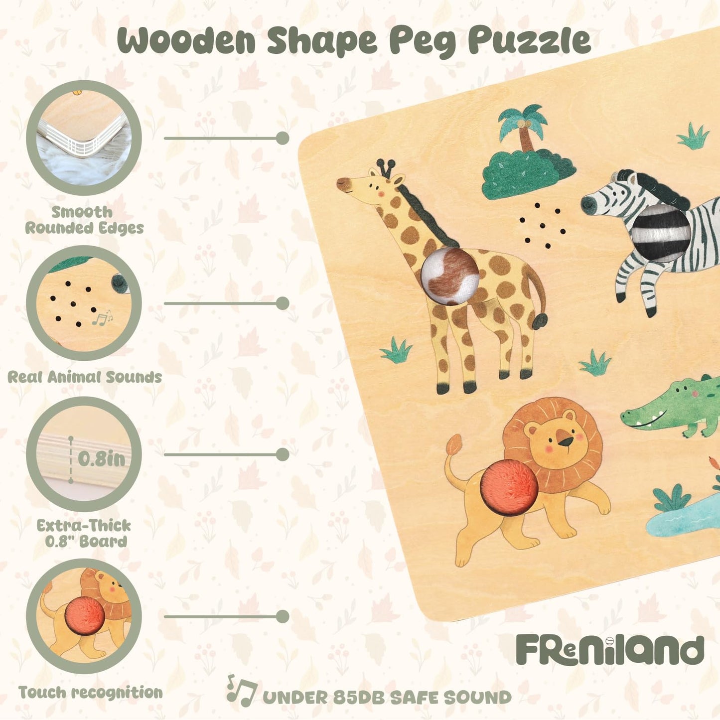 Freniland Press-to-Play Wild Animal Sound Puzzle for Toddlers, Wooden Safari Sound Board with Push Buttons, Montessori Learning Toy for 18M+