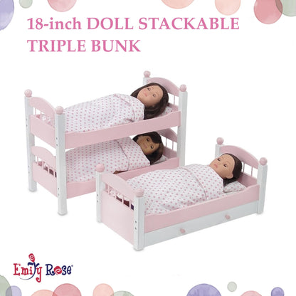 Emily Rose 18" Doll Triple Bunk Bed Set - 3 Stackable Beds with Bedding (Pillow, Mattress Blanket) & Storage Drawer | American Girl Compatible | Ages 5+