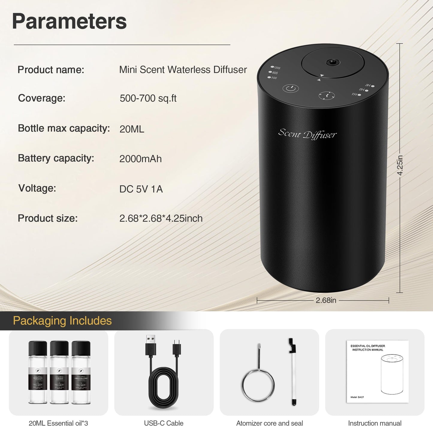 Waterless Essential Oil Diffuser Starter Kit - No Water Needed, Battery Operated Mini Scent Air Machine, Included 3x20ML Essential Oils, Portable Aromatherapy Diffuser for Home & Car & Office, Black