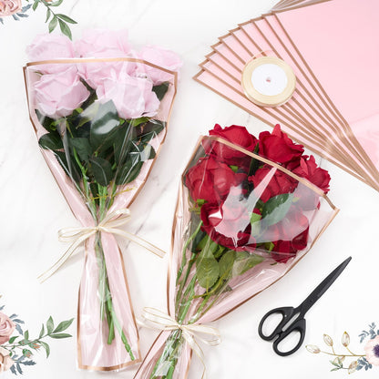 YooNotee 60 Pcs Flower Wrapping Bags for Valentine's Day Bouquets Supplies 17.7 x 10.9 Inches Plastic Flower Bouquet Sleeve Clear Front Floral Wraps with Ribbons for Graduation Party (Pink)
