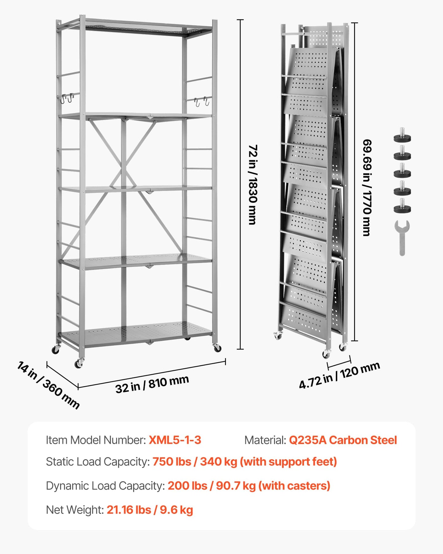 VEVOR 5-Tier Foldable Storage Shelf, 32W x 14D x 72H Inch Folding Metal Rack Shelving Unit, Heavy Duty No Assembly Organizer Shelf with 5 Wheels & 4 Hooks for Pantry, Kitchen, Garage, Basement, Grey