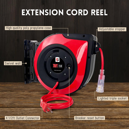 EP Retractable Extension Cord Reel,75 Feet 14 AWG/3C SJTOW Heavy Duty Power Cord,10 AMP Circuit Breaker, 3-Lighted Triple Outlets,Ceiling or Wall Mount Use Indoor, Red