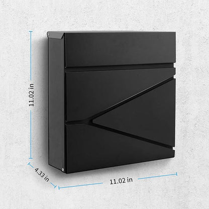 Wall-Mount Mailbox for House Outside, Security Key Drop Box with Lock and Keys, Locking Postbox, Steel Metal Rust-Proof Mail Box, 11.02 x 11.02 x 4.33 Inch, Black, MD021