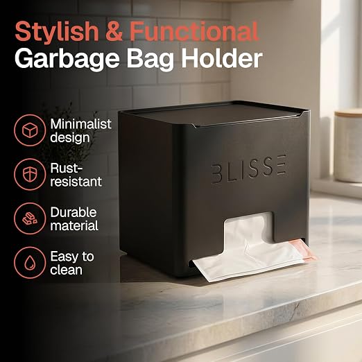Blisse Trash Bag Holder Dispenser, Black | 13-33 Gallon Rolls, Heavy-Duty Steel, Under Sink Kitchen Storage, Wall Mount or Countertop, Easy One-Hand Dispensing