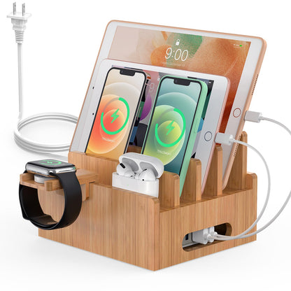 Pezin & Hulin Bamboo Charging Station for Multiple Devices with 5 Port USB Charger,5Cables,Smart Watch&Earbuds Stand, Desk Docking Stations Electronic Organizer for Cell Phone, Tablet (Natural)