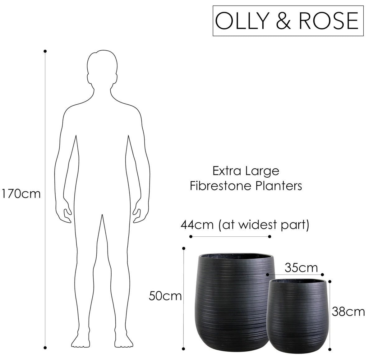 Olly & Rose Extra Large Plant Pot Patterned - Black Garden Planter - XL Flower Pot - H 50cm D45cm + H40cm D38cm