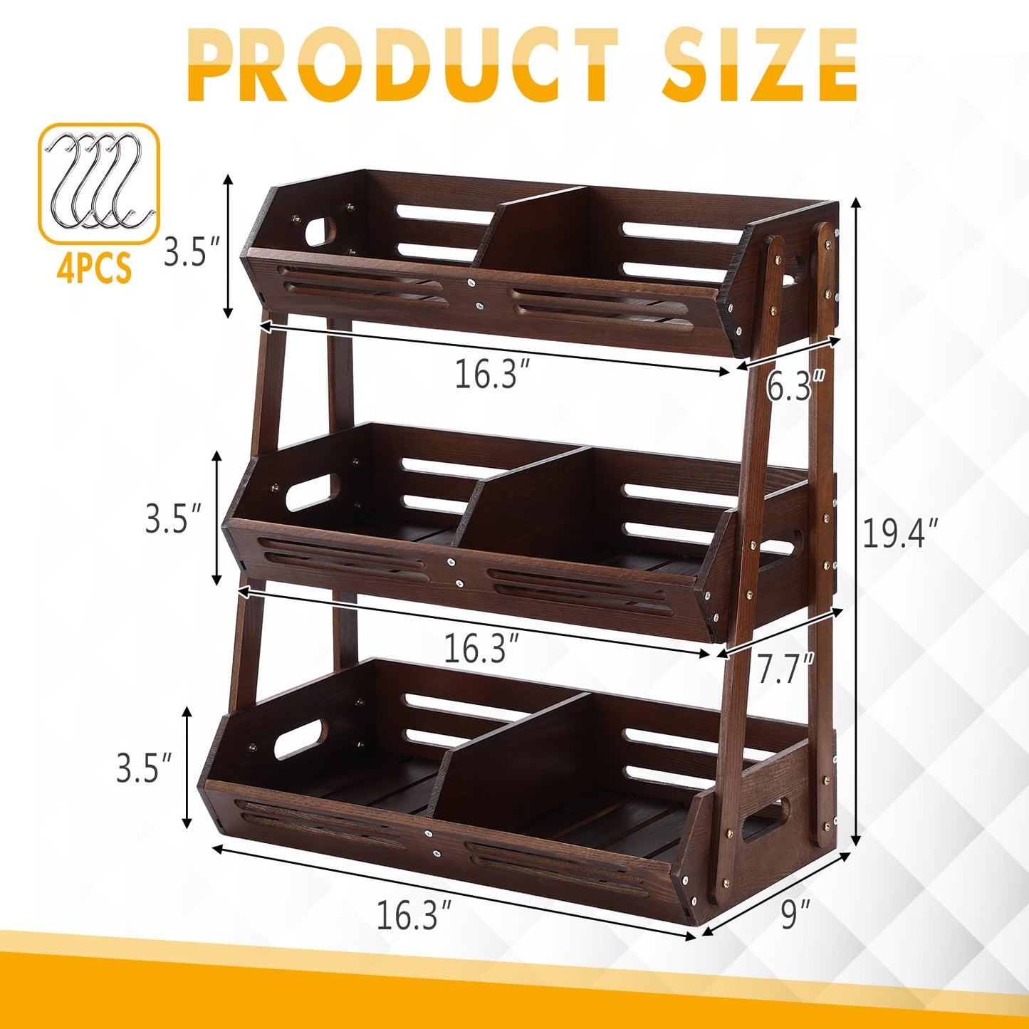 Briwooody 3 Tier Fruit Basket for Kitchen Counter Fruit Storage Large Wood Vegetables Basket with Banana Hooks Bowl Stand Holder Snack Organizer Countertop Onion Bread Pantry