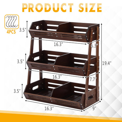 Briwooody 3 Tier Fruit Basket for Kitchen Counter Fruit Storage Large Wood Vegetables Basket with Banana Hooks Bowl Stand Holder Snack Organizer Countertop Onion Bread Pantry