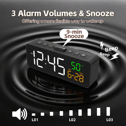 Netzu 3-in-1 Digital Clocks for Living Room with Temperature, Date & Time Display - 4 Levels Birghtness, 3 Volumes, Small & Compact Plug-in Alarm Clock for Bedroom, Office (Black)