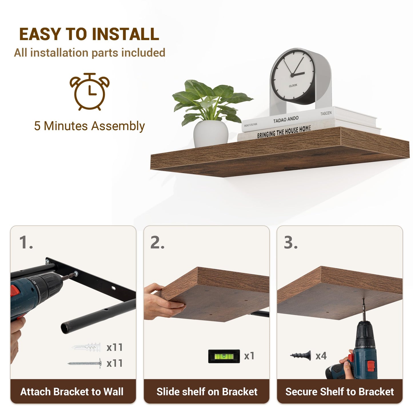 Acovy 55 Inch Floating Shelves, 55"x9.25"x1.5" Inch Deep Floating Shelves for Wall, Wooden Shelves for Bathroom, Bedroom, Living Room, Brown, 1 Piece