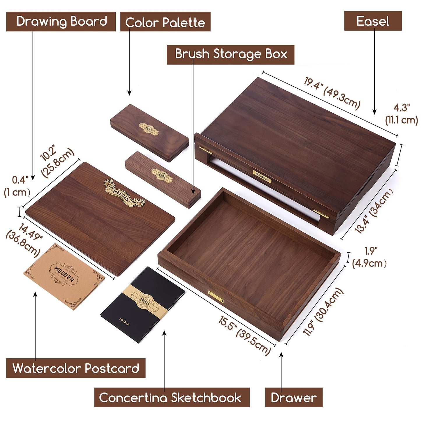 MEEDEN American Black Walnut Tabletop Easel Set - Luxury Art Supplies Kit with Storage Drawer, Drawing Board & Paint Box, Foldable Paint Sketchbox for Adults Artists - Art Gift for Painters & Artists