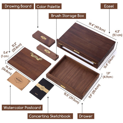 MEEDEN American Black Walnut Tabletop Easel Set - Luxury Art Supplies Kit with Storage Drawer, Drawing Board & Paint Box, Foldable Paint Sketchbox for Adults Artists - Art Gift for Painters & Artists