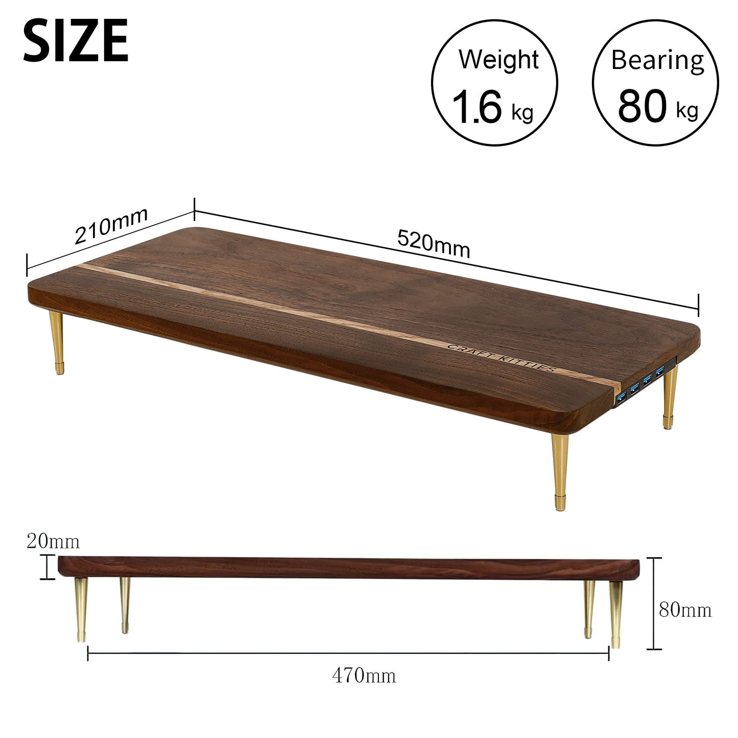 CRAFT KITTIES Monitor Stand Wood Riser with 4 USB Ports, Computer Monitor Stand with America Walnut Data Transfer Charging Hub -Compatible with Computer, Mac, PCs, Smartphone, 20.5*8.3in