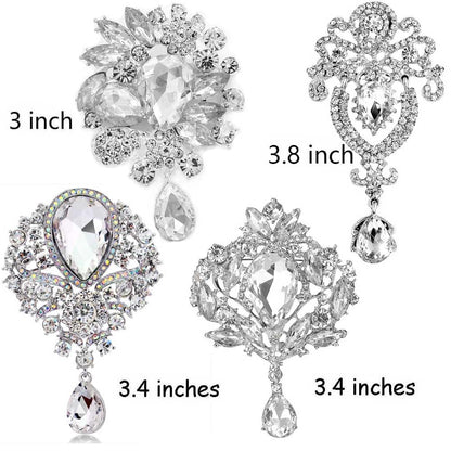 Ezing 4 Pieces Lot Large Big Silver Gold Plated Assorted Crystal Rhinestones Brooch Pins Set (B)